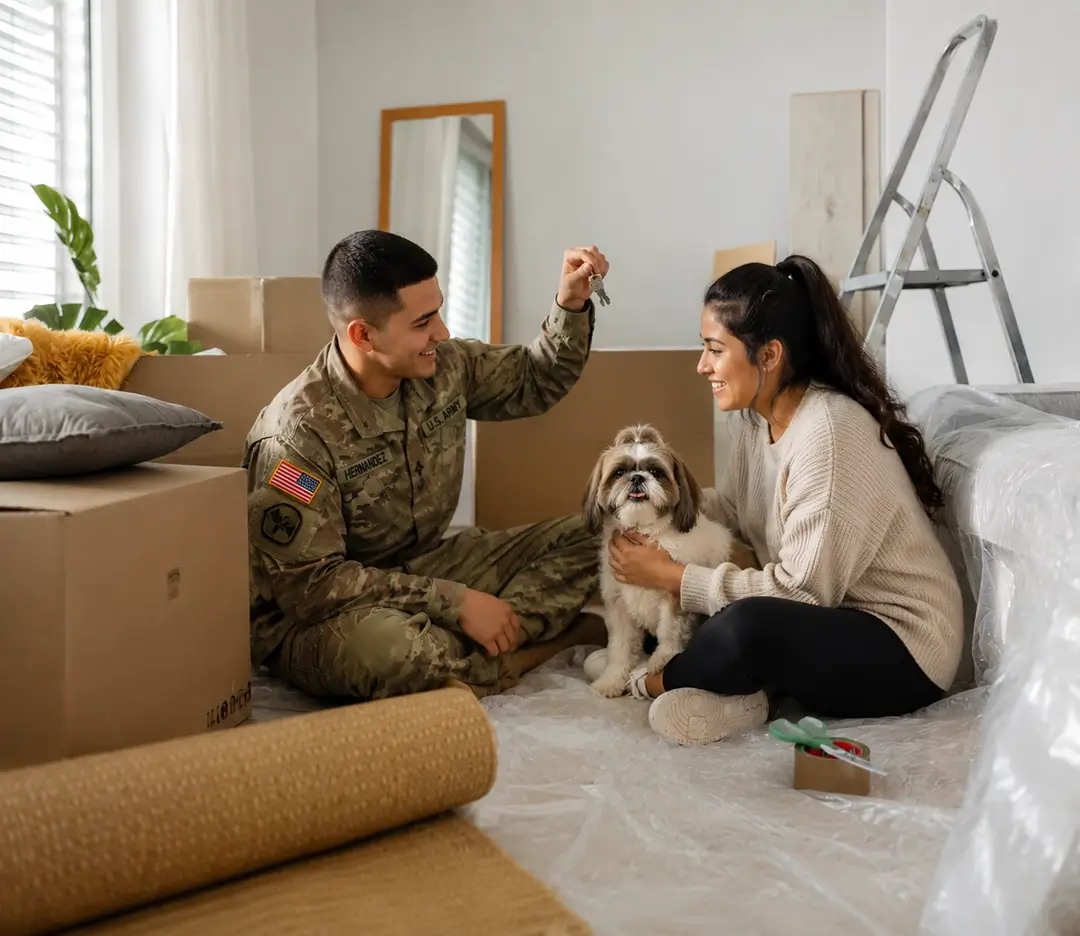 Military family signing VA loan documents for El Paso home before PCS