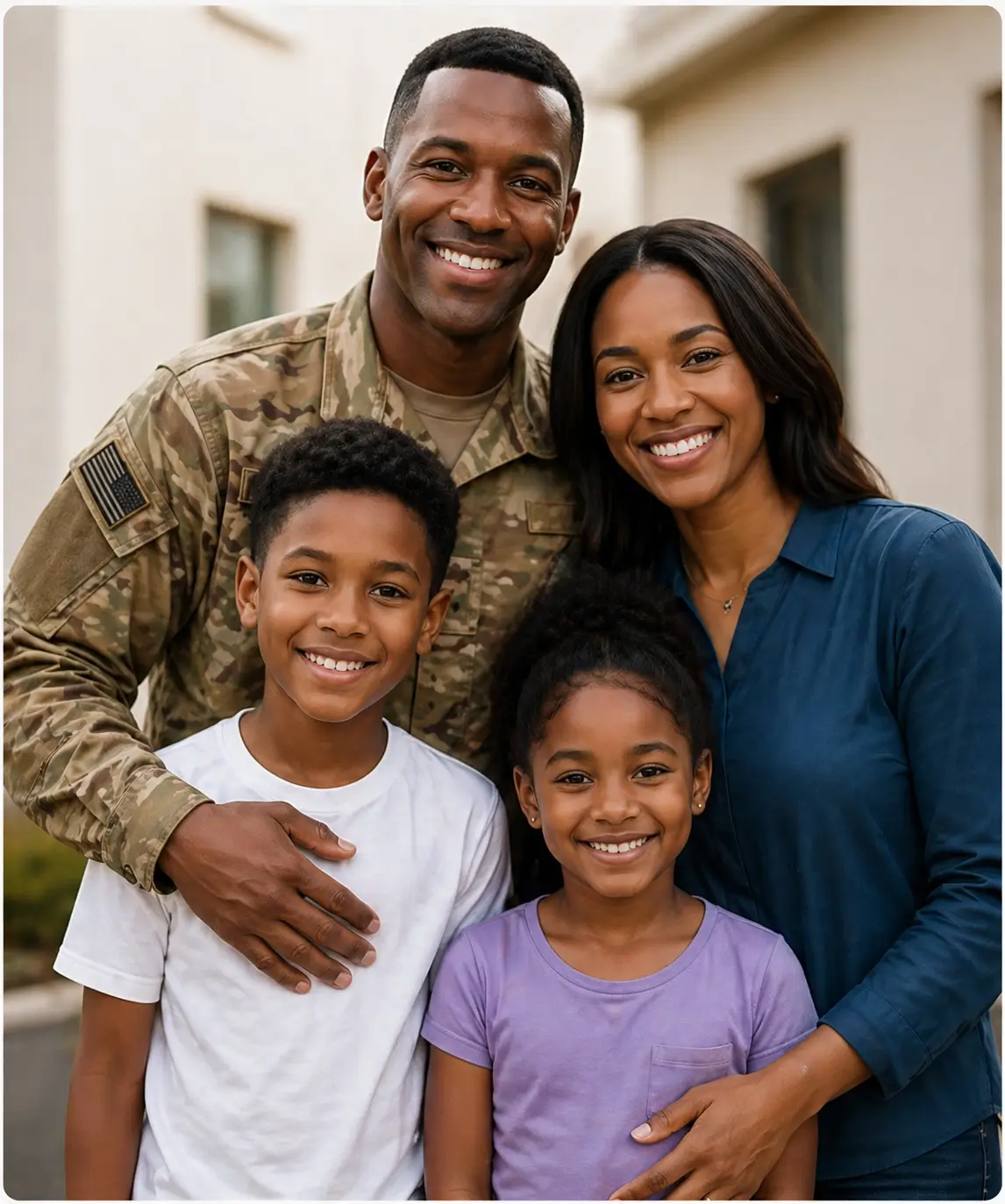 Military family smiling at home